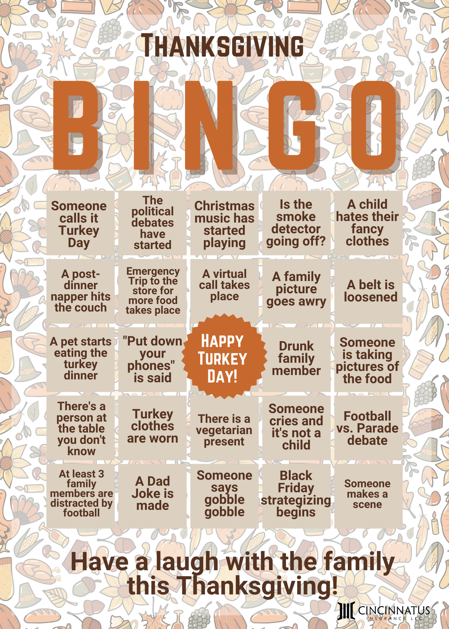 A Bingo card with hilarious Thanksgiving-themed items to observe at your family outing!